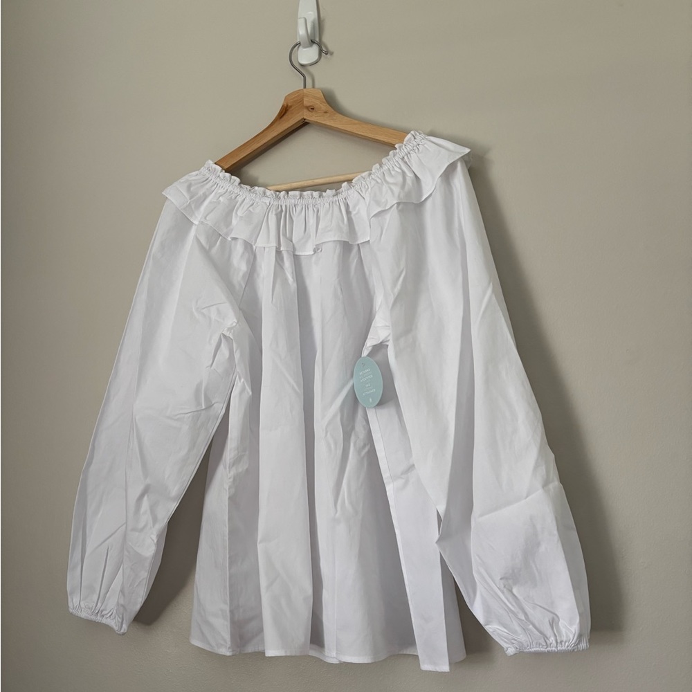 Hill House White Poplin Off-Shoulder Ruffled Parachute Sleeve Top - Picture 7 of 13